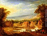 An extensive river landscape with travellers approaching a village by Joos De Momper